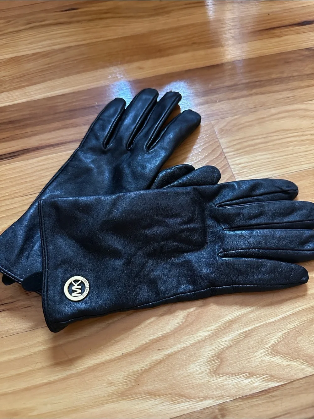 Michael Kors Black Leather Gloves with Gold MK Emblem
